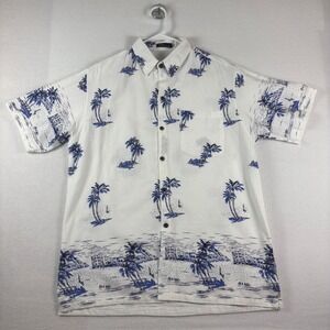 V&V Cotton Mens 2XL White Blue Palm Tree Tropical Beach Button Down Shirt